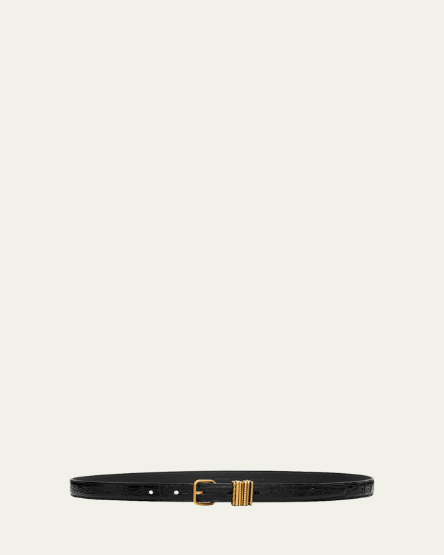 Croc-Embossed Leather Skinny Belt